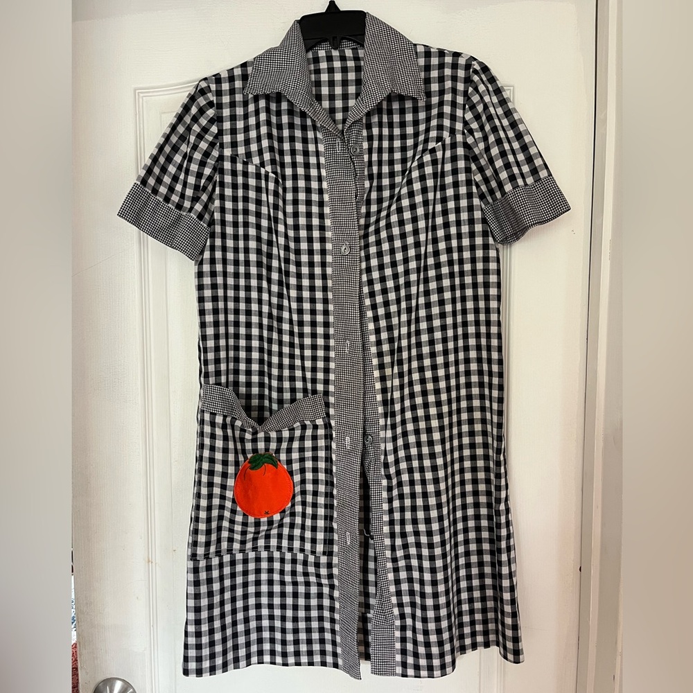 1950s Black and White Gingham House Dress with Orange Patch